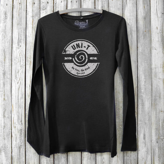 Women's Kindness Long Sleeve T-Shirt in black bamboo and organic cotton with 'Be You, Be Kind' graphic by Uni-T. Eco-friendly inspirational gift tee.