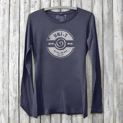 Navy blue women's long sleeve T-shirt made from bamboo and organic cotton featuring 'Be You, Be Kind' graphic. Sustainable and uplifting apparel by Uni-T.