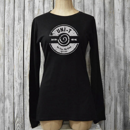 Black 'Be You, Be Kind' long sleeve T-shirt for women shown on mannequin. Bamboo and organic cotton blend by Uni-T, ideal inspirational gift.
