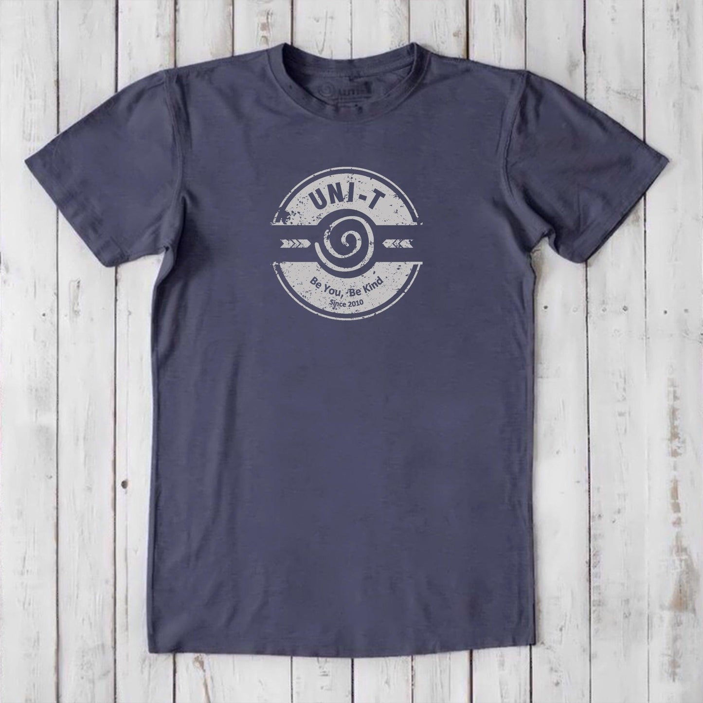 Charcoal navy bamboo & organic cotton men's t-shirt with 'Be You Be Kind' graphic by Uni-T, sustainable positive vibe fashion gift.
