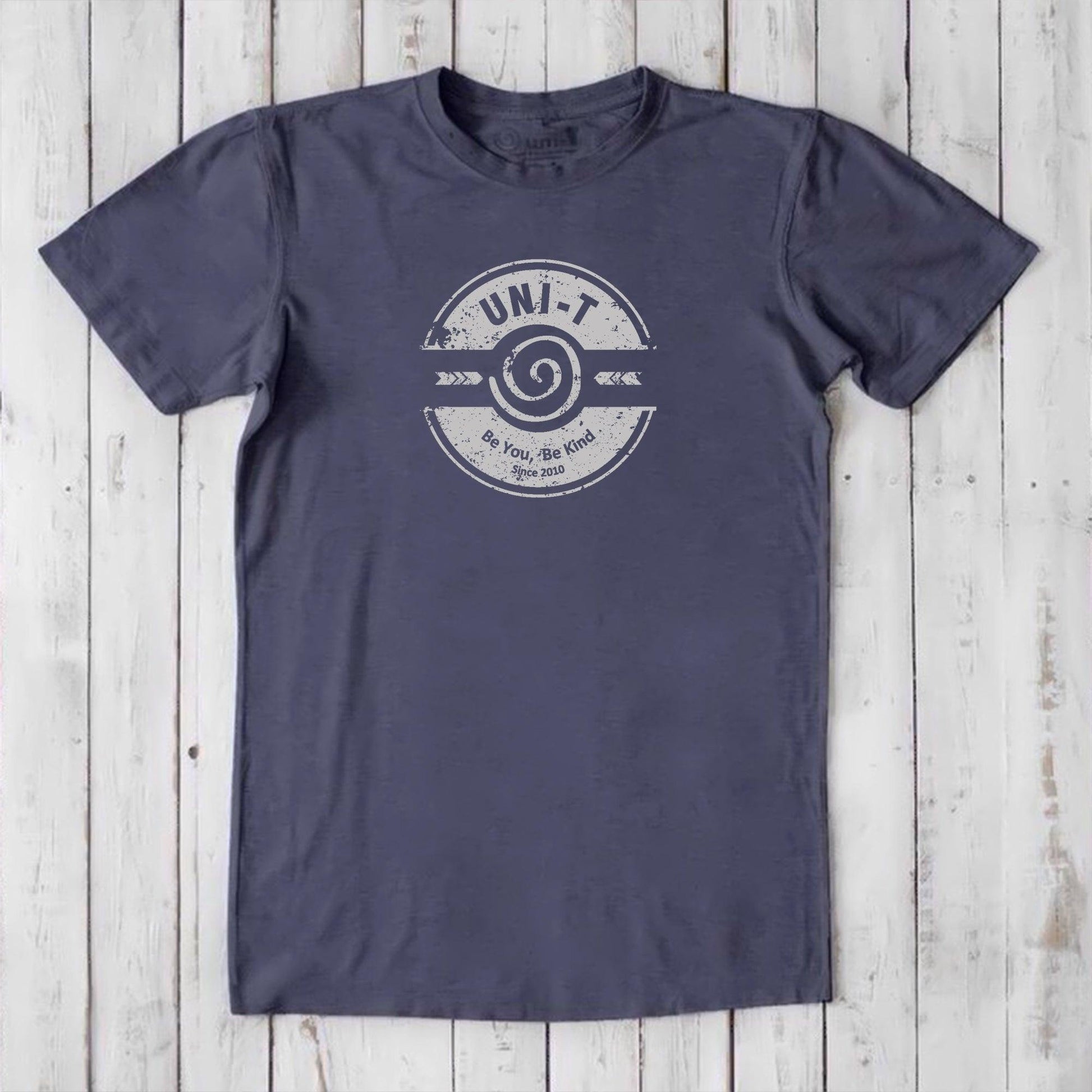 Charcoal navy bamboo & organic cotton men's t-shirt with 'Be You Be Kind' graphic by Uni-T, sustainable positive vibe fashion gift.