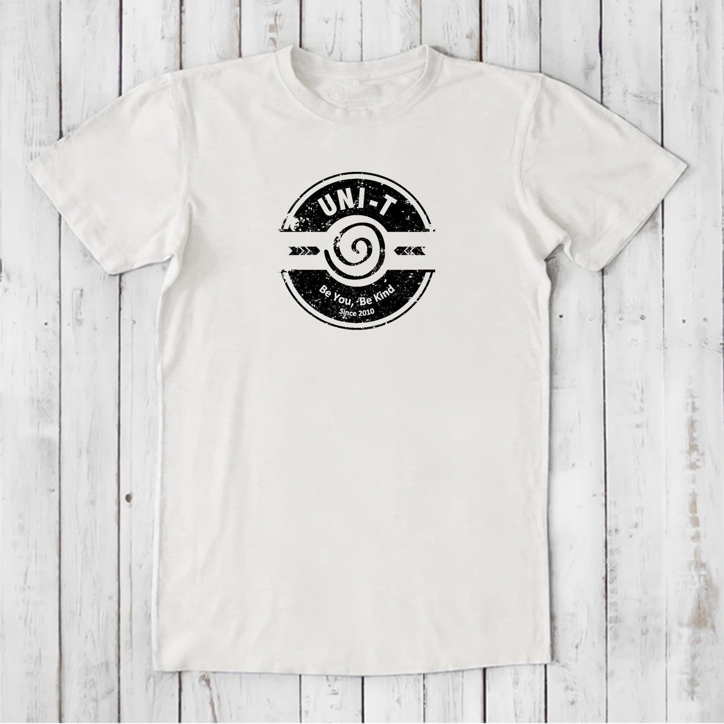 White men's bamboo & organic cotton t-shirt featuring Uni-T's 'Be You Be Kind' logo, soft eco-friendly inspirational gift top.