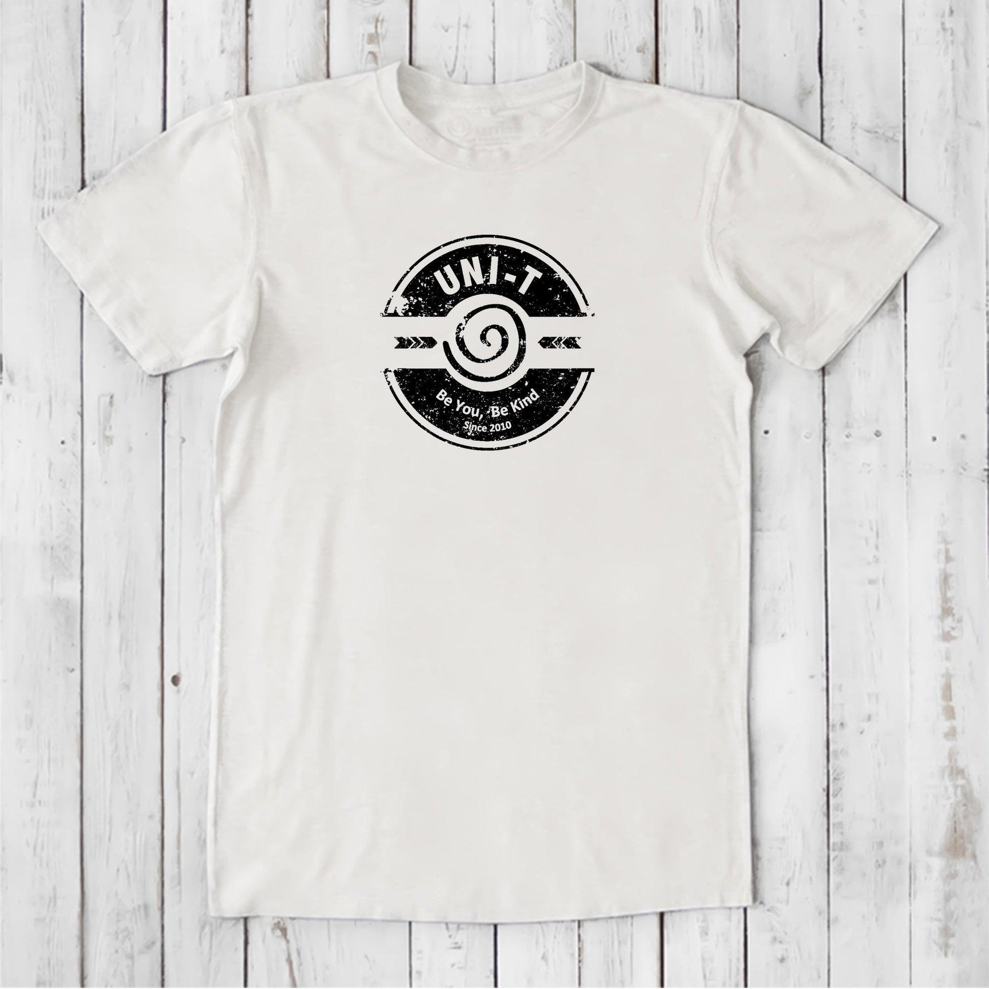 White men's bamboo & organic cotton t-shirt featuring Uni-T's 'Be You Be Kind' logo, soft eco-friendly inspirational gift top.