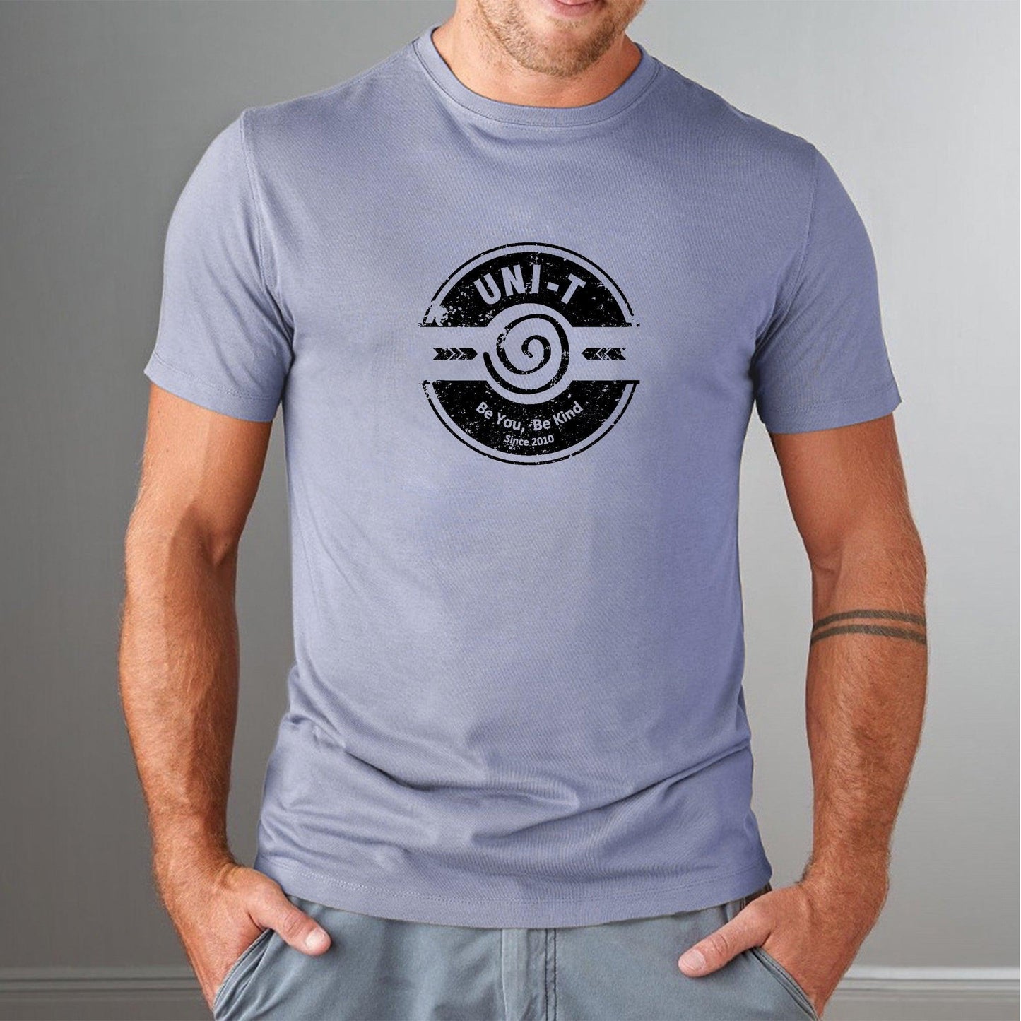 Slate blue fitted men's kindness t-shirt in bamboo & organic cotton with Uni-T's 'Be You Be Kind' graphic, sustainable gift idea.