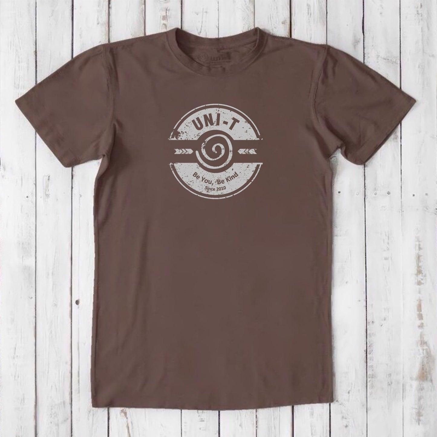 Chocolate brown men's kindness t-shirt in bamboo & organic cotton with Uni-T's 'Be You Be Kind' logo, sustainable positive message tee.