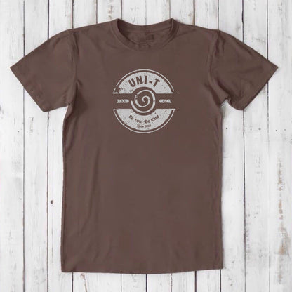 Chocolate brown men's kindness t-shirt in bamboo & organic cotton with Uni-T's 'Be You Be Kind' logo, sustainable positive message tee.