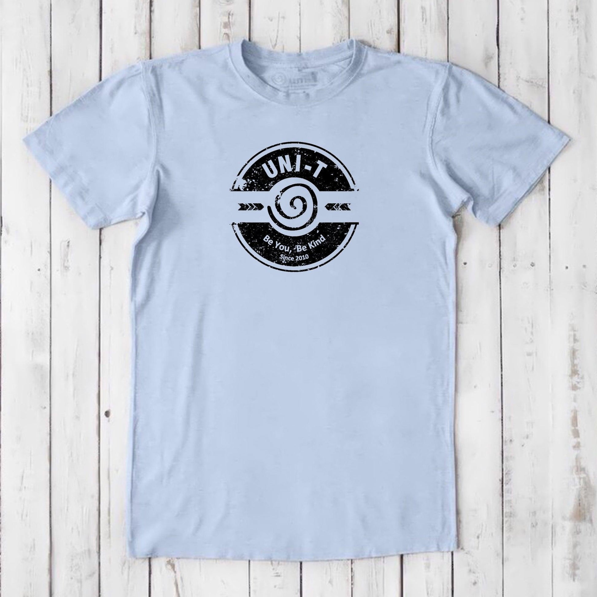 Light blue men's kindness t-shirt in bamboo & organic cotton with bold black 'Be You Be Kind' graphic by Uni-T, sustainable gift tee.