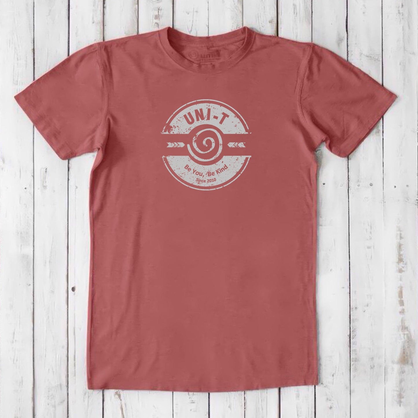 Muted red men's kindness t-shirt in bamboo & organic cotton with Uni-T's 'Be You Be Kind' logo, sustainable positive message gift tee.