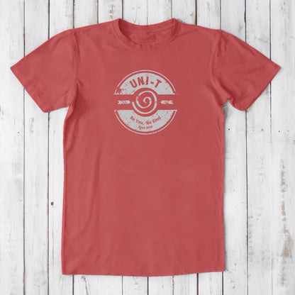 Coral red men's bamboo & organic cotton t-shirt with white 'Be You Be Kind' graphic by Uni-T, soft eco-conscious inspirational clothing.