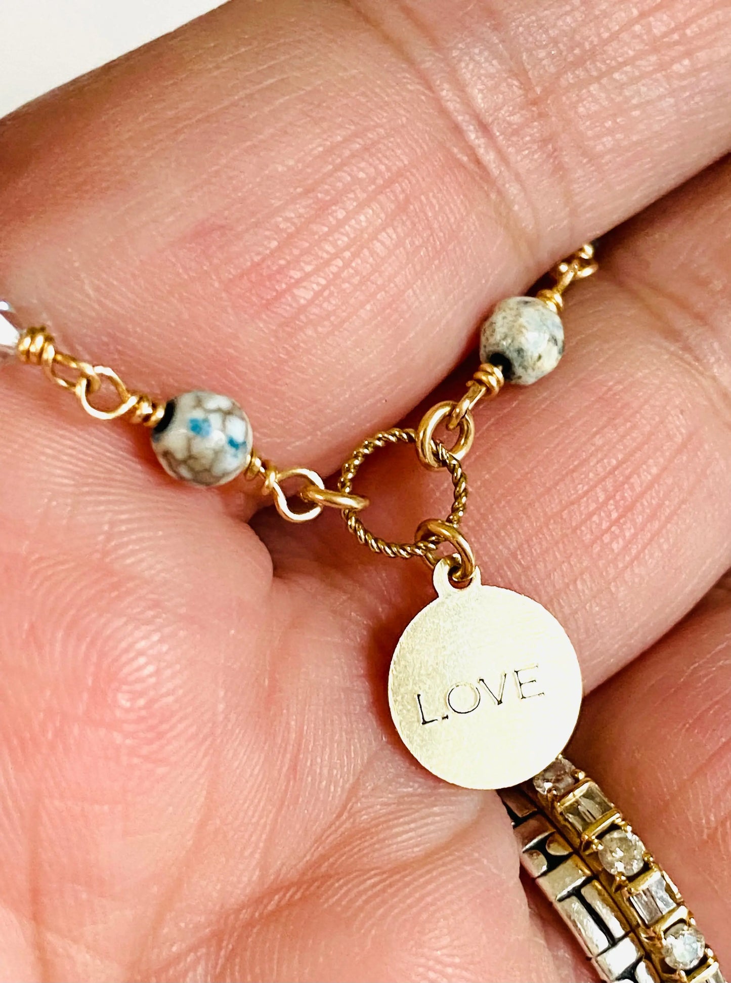 Beaded Chain LOVE Necklace, Dainty Crystal and Pearl Necklace Janine Gerade