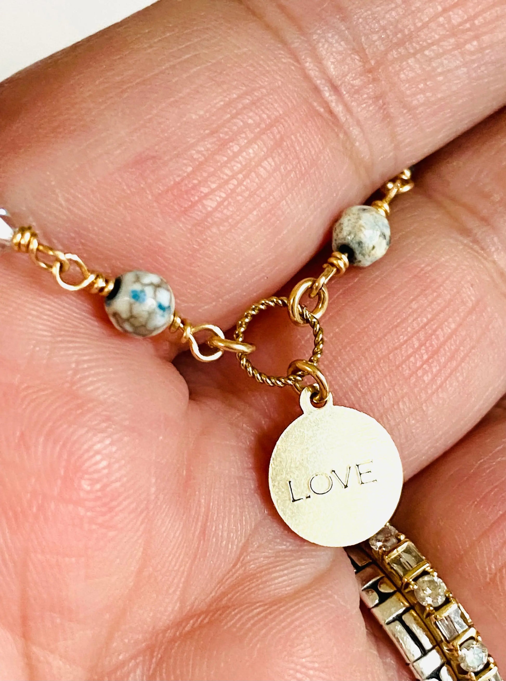 Beaded Chain LOVE Necklace, Dainty Crystal and Pearl Necklace Janine Gerade