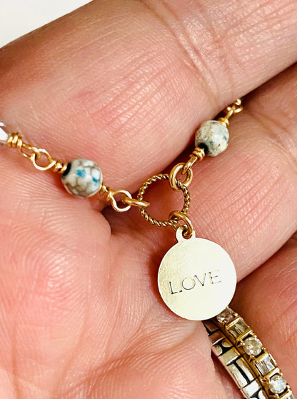 Beaded Chain LOVE Necklace, Dainty Crystal and Pearl Necklace Janine Gerade