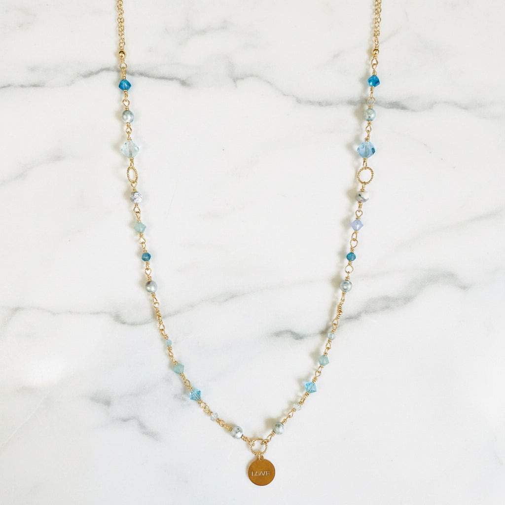 Beaded Chain LOVE Necklace, Dainty Crystal and Pearl Necklace Janine Gerade