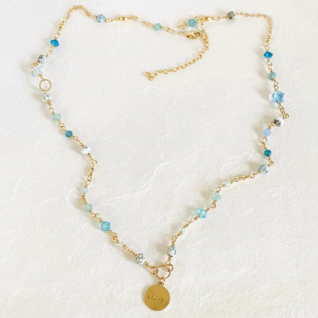 Beaded Chain LOVE Necklace, Dainty Crystal and Pearl Necklace Janine Gerade