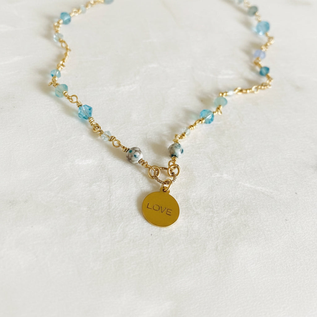 Beaded Chain LOVE Necklace, Dainty Crystal and Pearl Necklace Janine Gerade