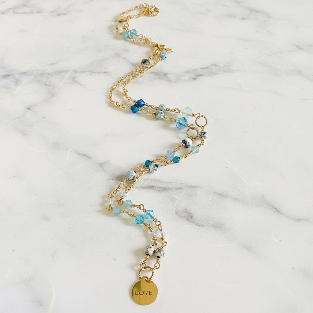 Beaded Chain LOVE Necklace, Dainty Crystal and Pearl Necklace Janine Gerade