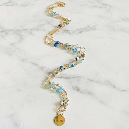 Beaded Chain LOVE Necklace, Dainty Crystal and Pearl Necklace Janine Gerade
