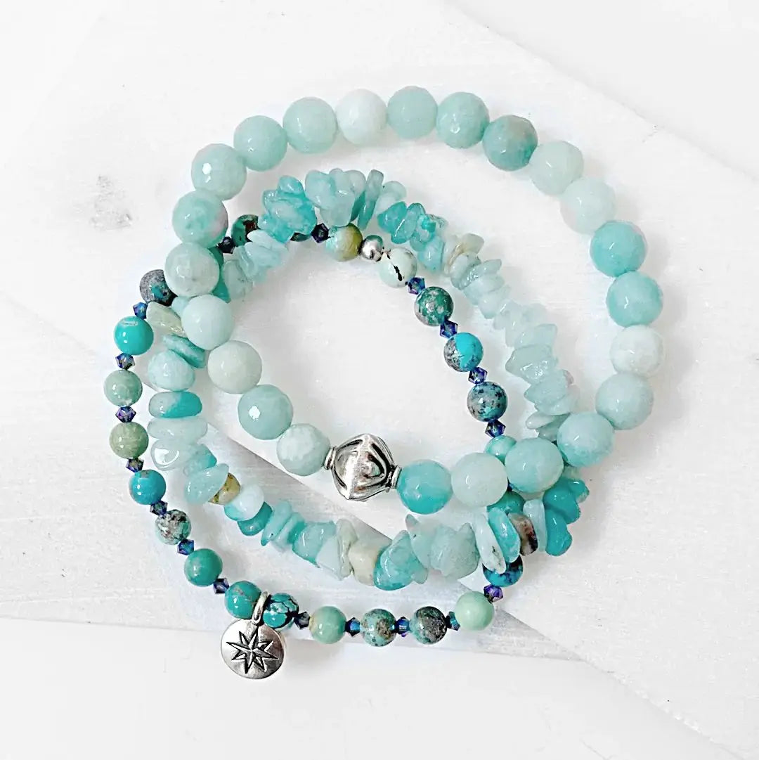 Beaded Bracelet Stack - Beaded Stack Bracelets | 3 Piece Set featuring Amazonite and Chrysocolla beads with silver accents on a white background.