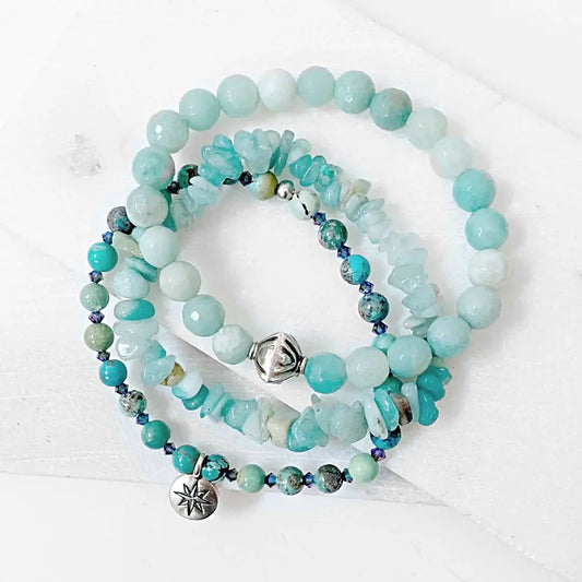 Beaded Bracelet Stack - Beaded Stack Bracelets | 3 Piece Set featuring Amazonite and Chrysocolla beads with silver accents on a white background.