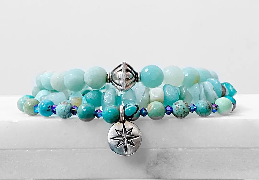 Beaded Bracelet Stack - Beaded Stack Bracelets | 3 Piece Set shown front-facing with layered gemstone beads and silver star charm centerpiece.