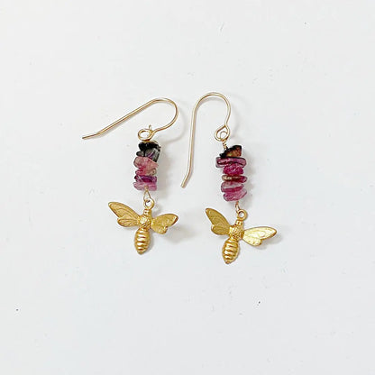 Tourmaline Bee Earrings with stacked watermelon gemstones and golden bee charms on gold-filled hooks. Elegant nature-inspired jewelry piece.