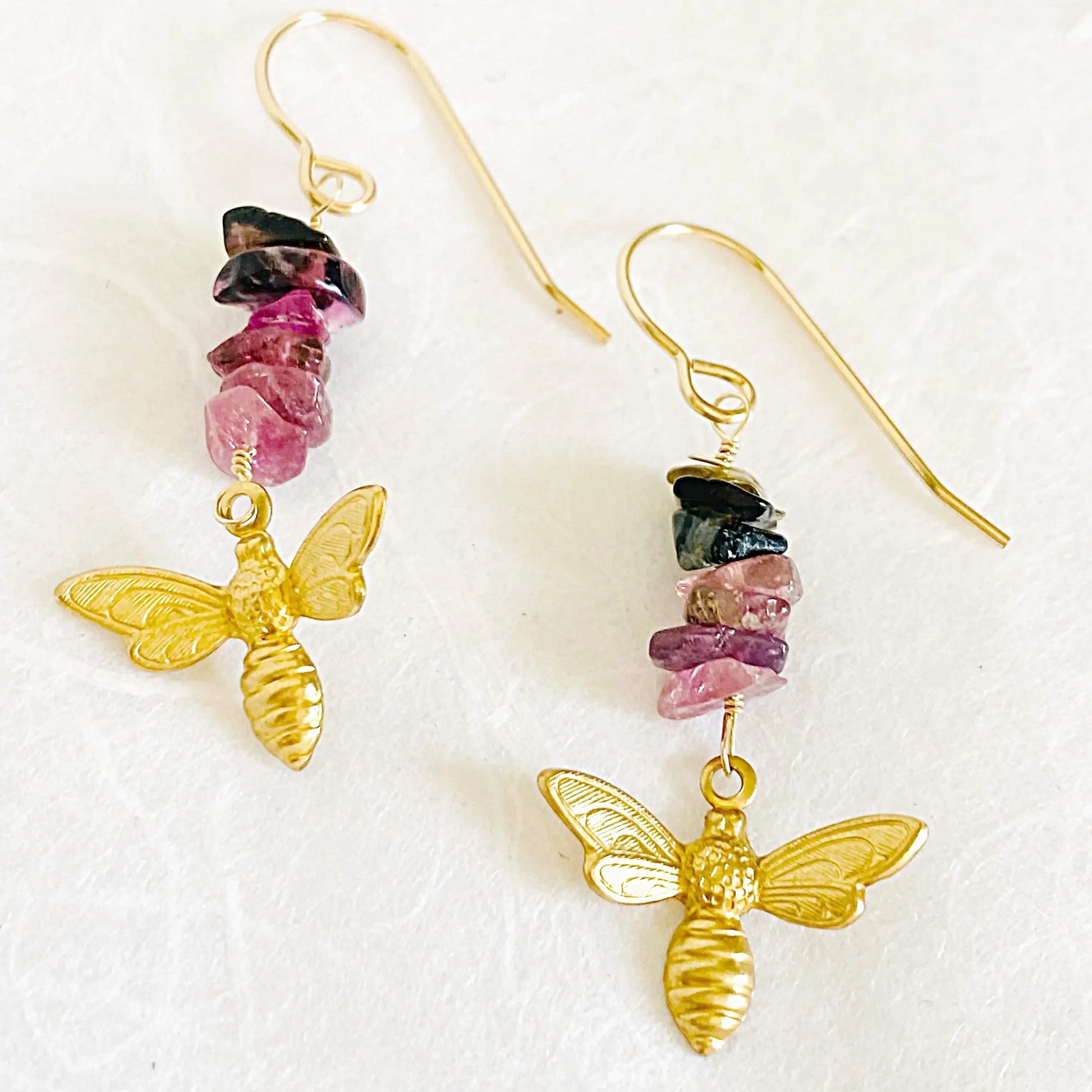 Golden Bee Earrings with watermelon tourmaline stones and gold-filled ear wires. Perfect for celestial and nature-themed fashion accessories.