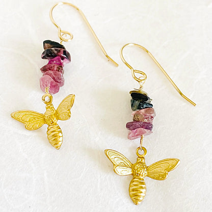 Golden Bee Earrings with watermelon tourmaline stones and gold-filled ear wires. Perfect for celestial and nature-themed fashion accessories.