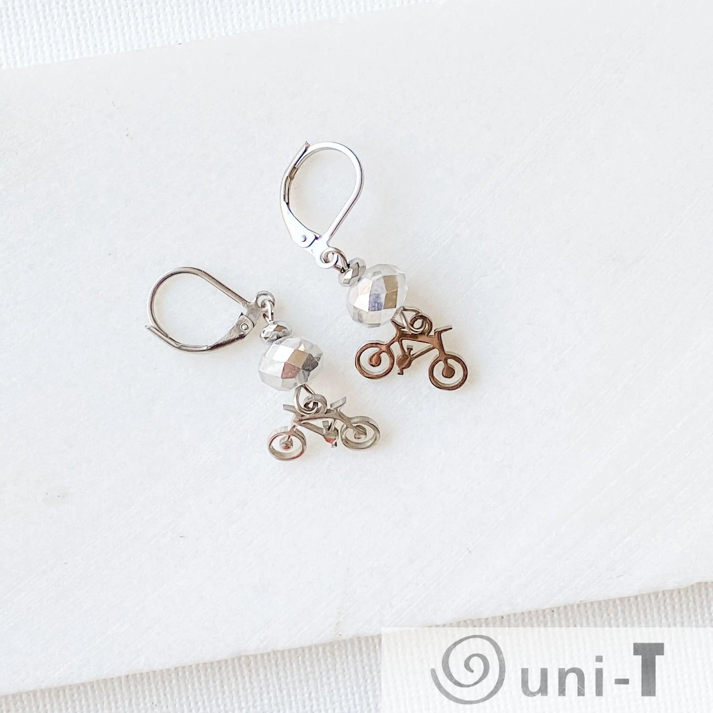 Bicycle Earrings with Beads, Surgical Steel Charm Earrings Kathy James