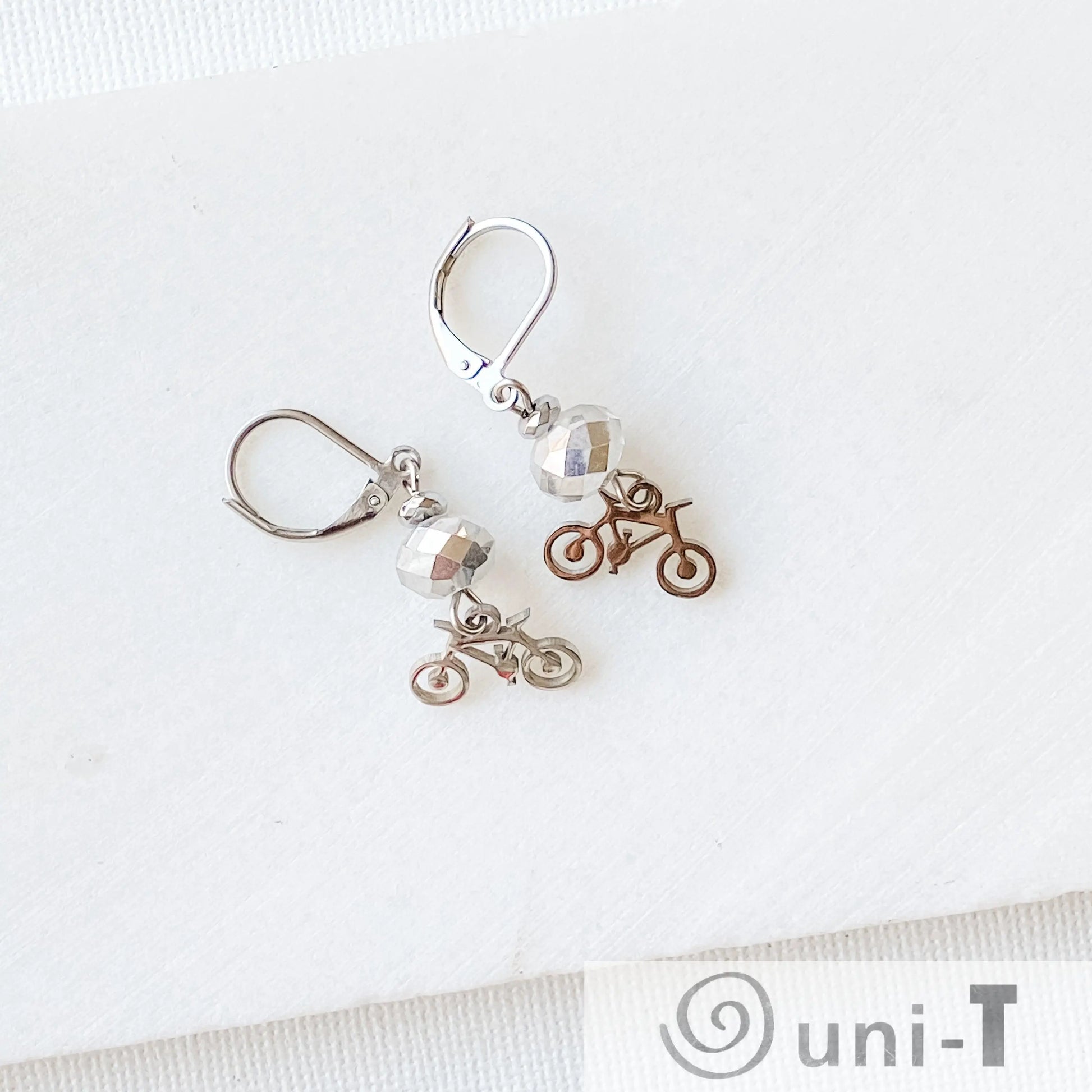 Bicycle Earrings with Beads, Surgical Steel Charm Earrings Kathy James