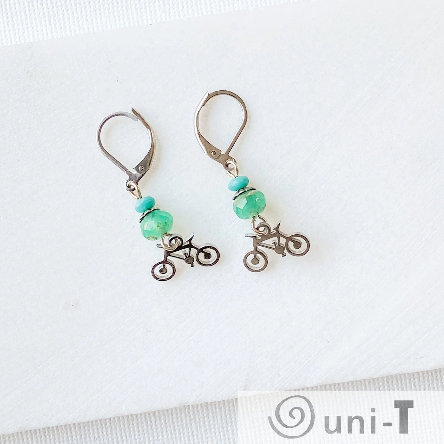 Bicycle Earrings with Beads, Surgical Steel Charm Earrings Kathy James