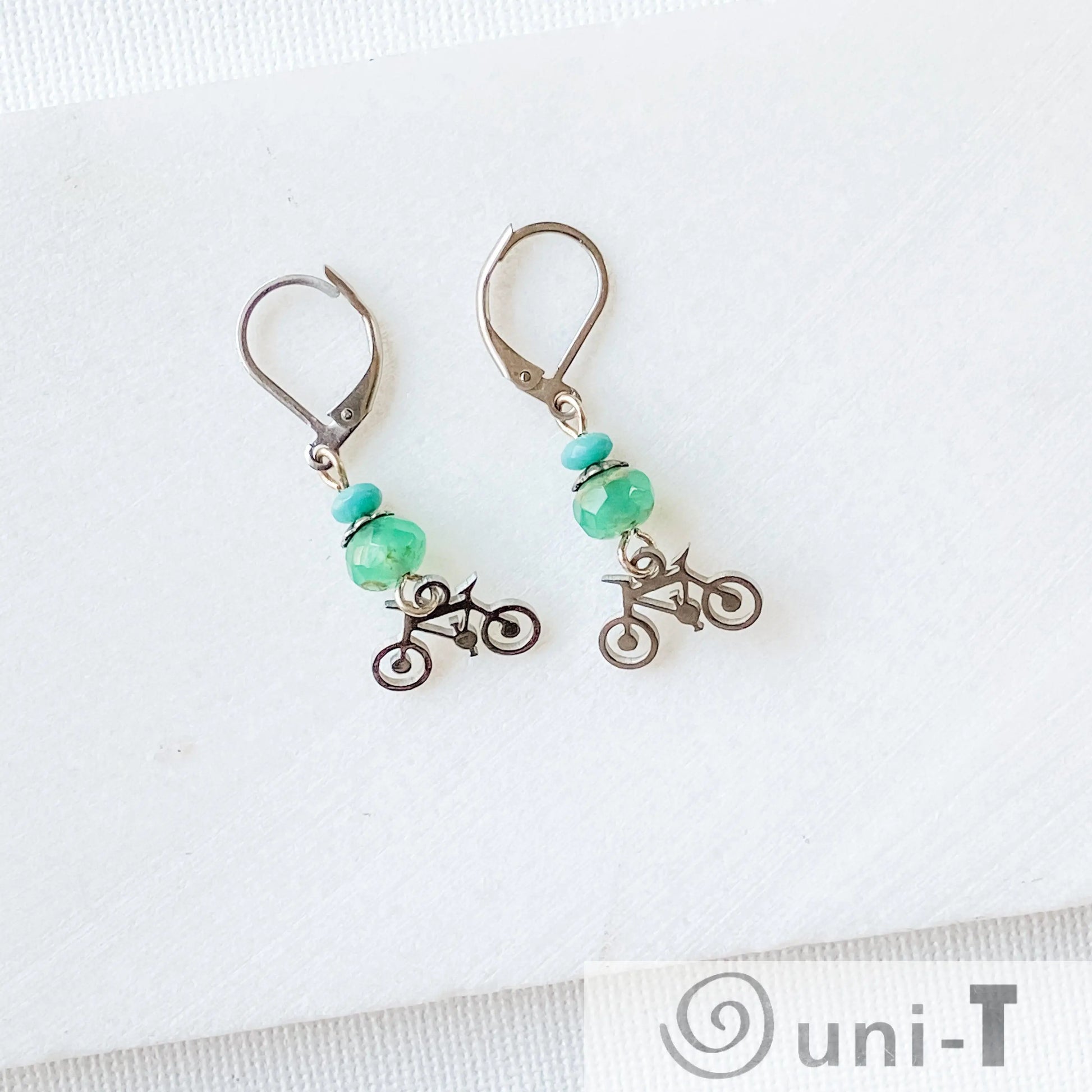Bicycle Earrings with Beads, Surgical Steel Charm Earrings Kathy James