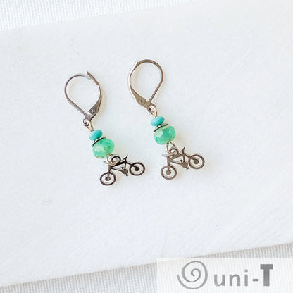 Bicycle Earrings with Beads, Surgical Steel Charm Earrings Kathy James