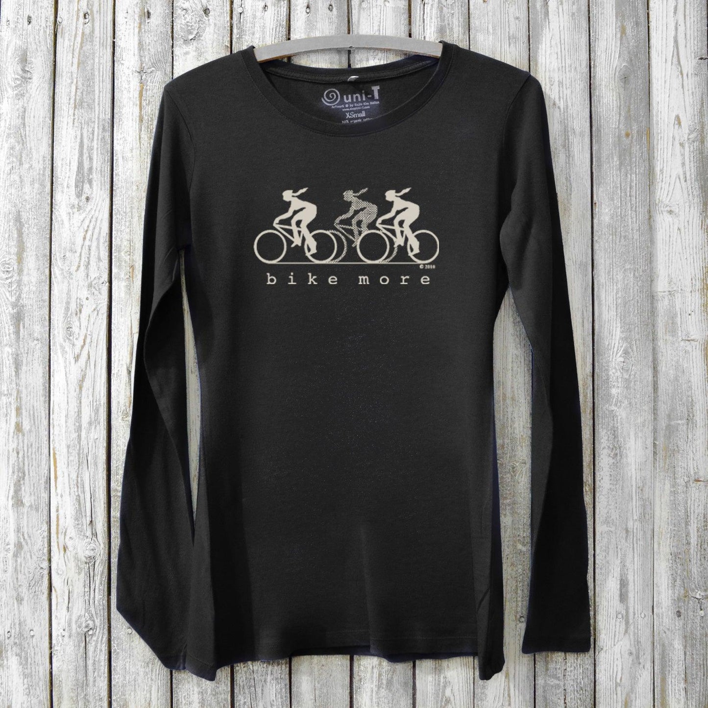 Women's Bicycle Long Sleeve T-Shirt in black bamboo and organic cotton with 'Bike More' cycling graphic, ideal for cool weather rides.