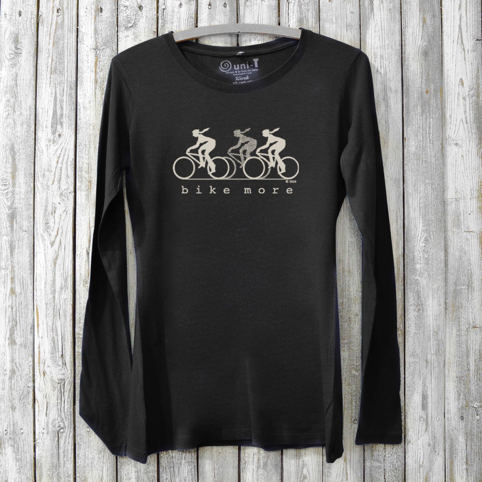 Women's Bicycle Long Sleeve T-Shirt in black bamboo and organic cotton with 'Bike More' cycling graphic, ideal for cool weather rides.