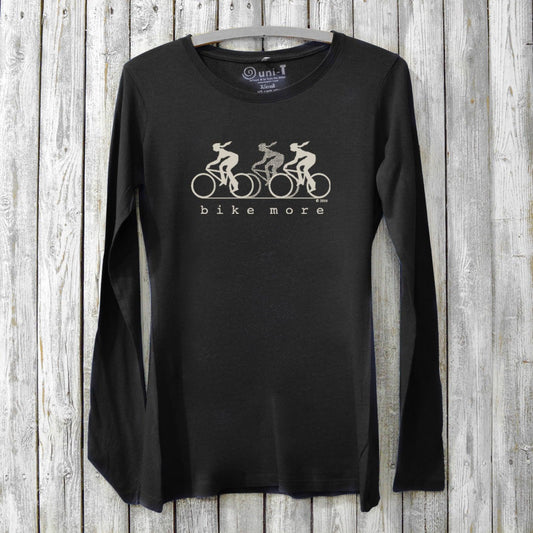Women's Bicycle Long Sleeve T-Shirt in black bamboo and organic cotton with 'Bike More' cycling graphic, ideal for cool weather rides.