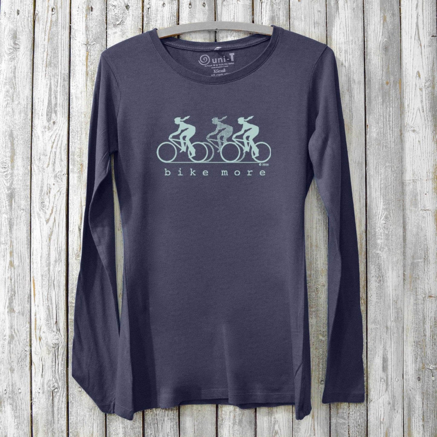 Navy Women's Bicycle Long Sleeve T-Shirt made from bamboo and organic cotton, featuring a mint green 'Bike More' cycling design.
