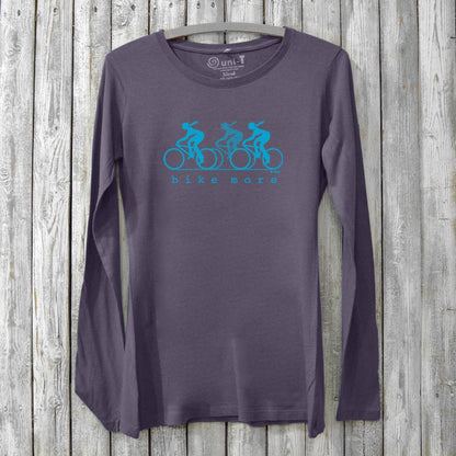 Purple Women's Bicycle Long Sleeve T-Shirt in sustainable bamboo and organic cotton with bright blue 'Bike More' cyclist graphic.