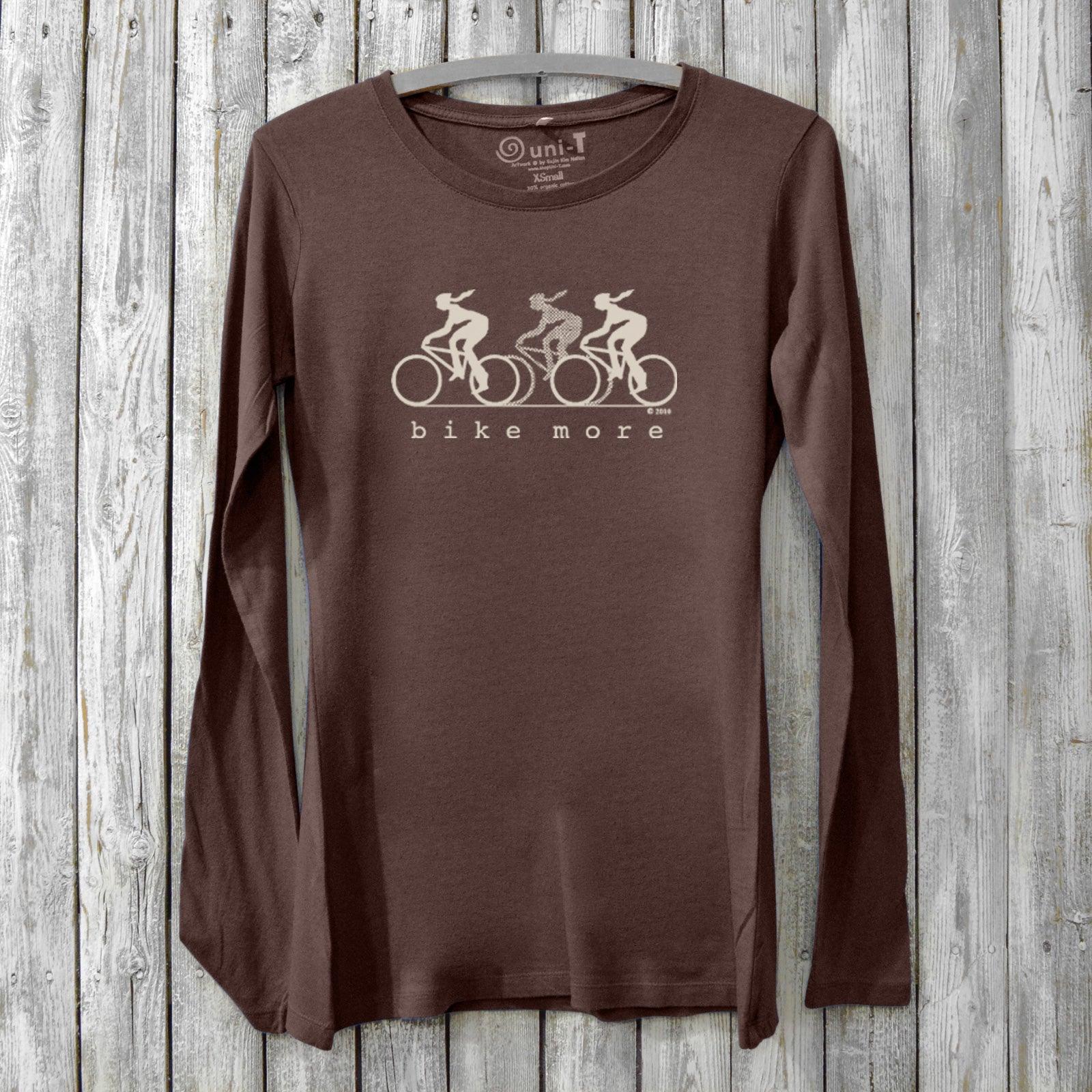 Brown Women's Bicycle Long Sleeve T-Shirt crafted from bamboo and organic cotton, showcasing a beige 'Bike More' cycling print.