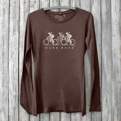 Brown Women's Bicycle Long Sleeve T-Shirt crafted from bamboo and organic cotton, showcasing a beige 'Bike More' cycling print.