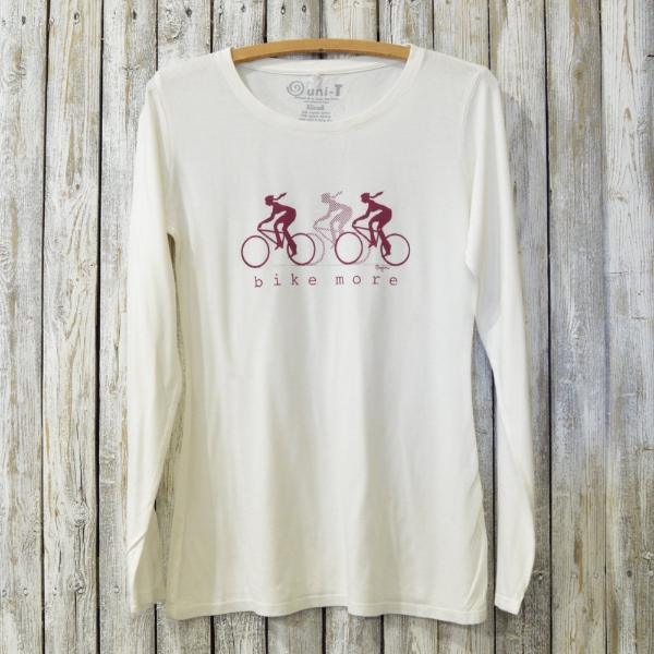 Cream Women's Bicycle Long Sleeve T-Shirt in bamboo and organic cotton with maroon 'Bike More' cyclist design, perfect for eco-conscious riders.