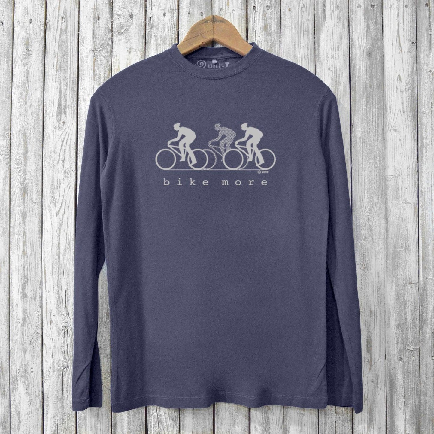 Bike More T-shirt - Eco-Friendly Bike T-shirt in navy, featuring three cyclists graphic. Made from bamboo and organic cotton for sustainable comfort.