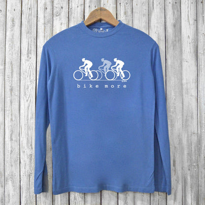 Bike More T-shirt - Eco-Friendly Bike T-shirt in sky blue with cyclist trio design. Men's long sleeve shirt crafted from bamboo and organic cotton blend.
