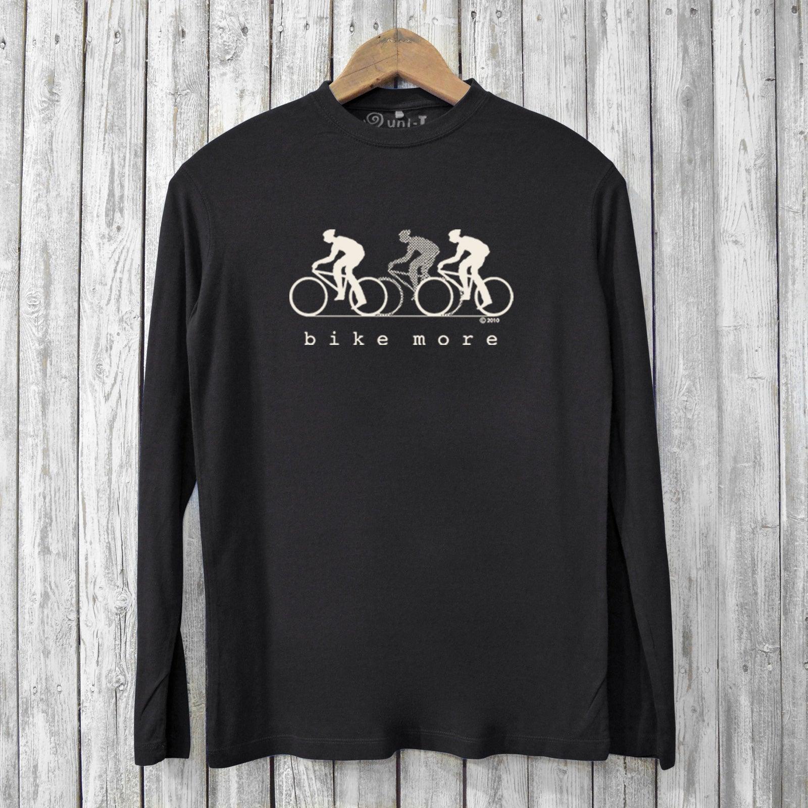 Bike More T-shirt - Eco-Friendly Bike T-shirt in black, showcasing minimalist cyclist print. Sustainable men's long sleeve shirt for biking enthusiasts.