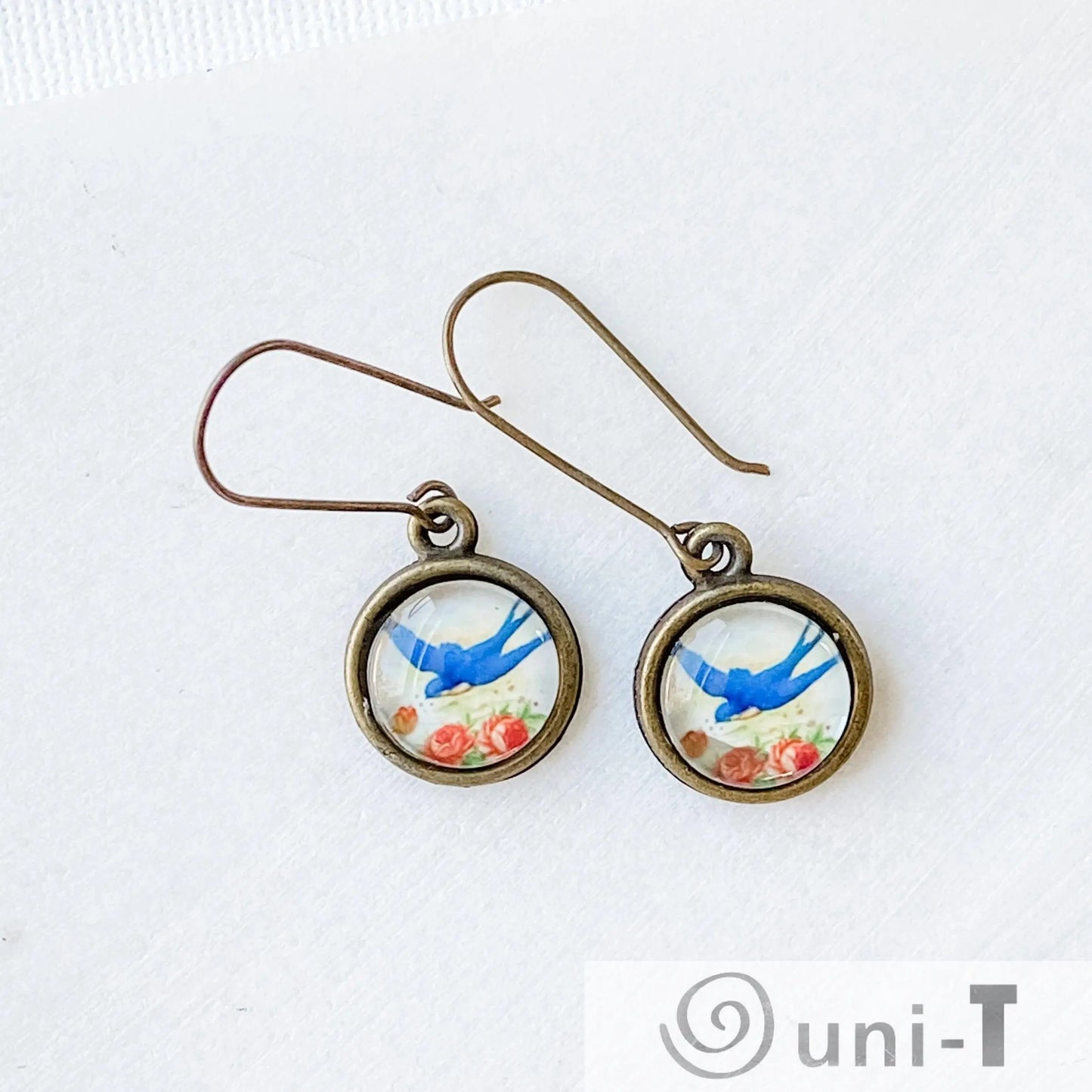 Birds Earrings, Glass Dome Earrings with Long Ear Wires Kathy James