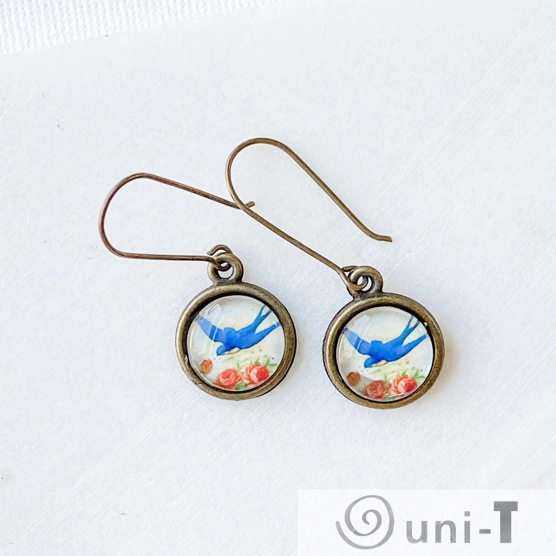 Birds Earrings, Glass Dome Earrings with Long Ear Wires Kathy James