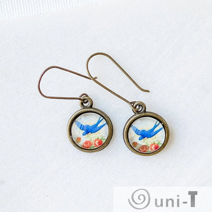 Birds Earrings, Glass Dome Earrings with Long Ear Wires Kathy James