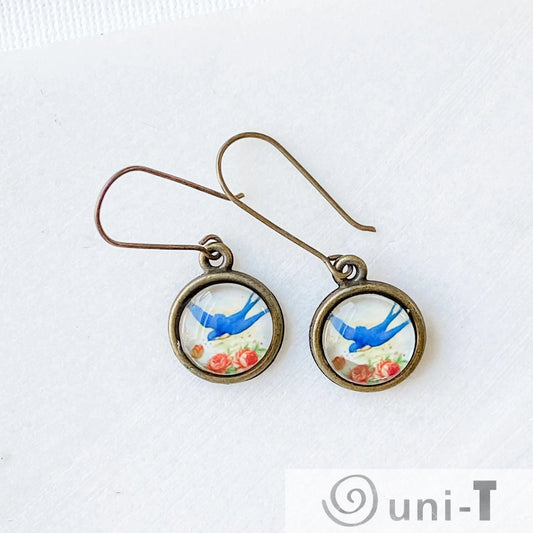 Birds Earrings, Glass Dome Earrings with Long Ear Wires Kathy James