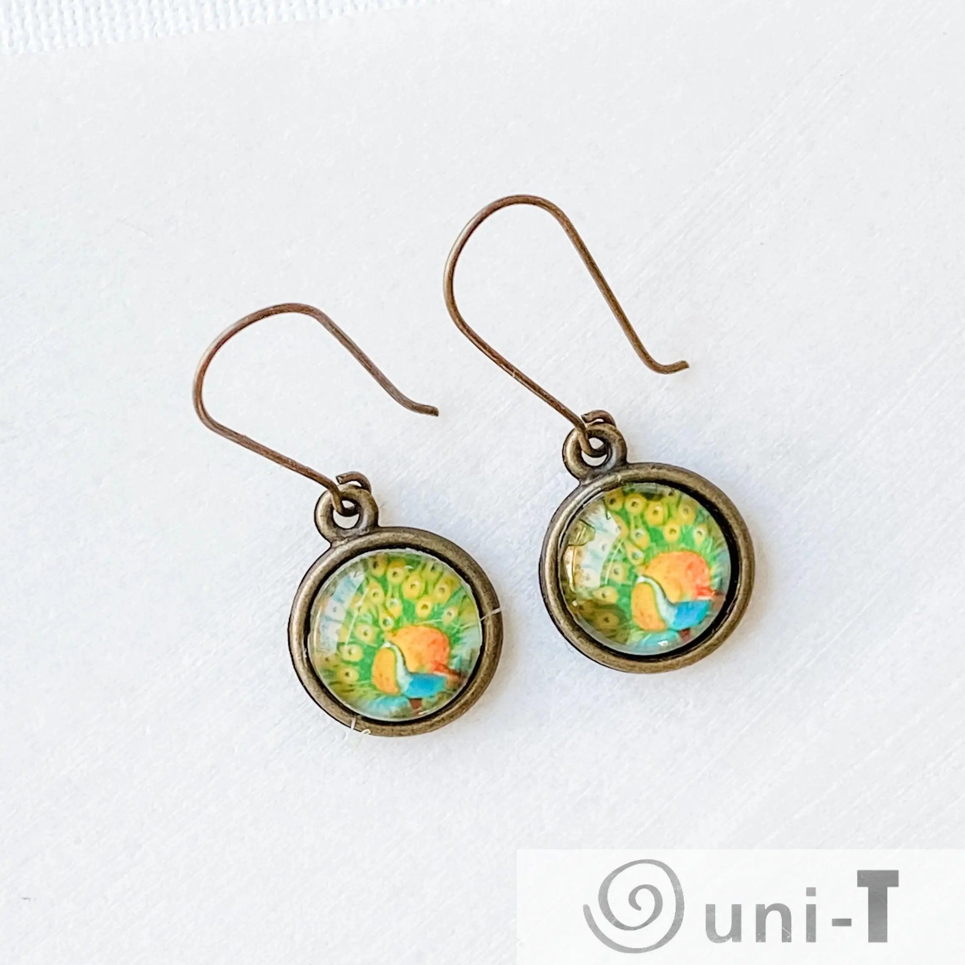 Birds Earrings, Glass Dome Earrings with Long Ear Wires Kathy James