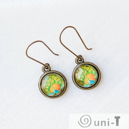 Birds Earrings, Glass Dome Earrings with Long Ear Wires Kathy James