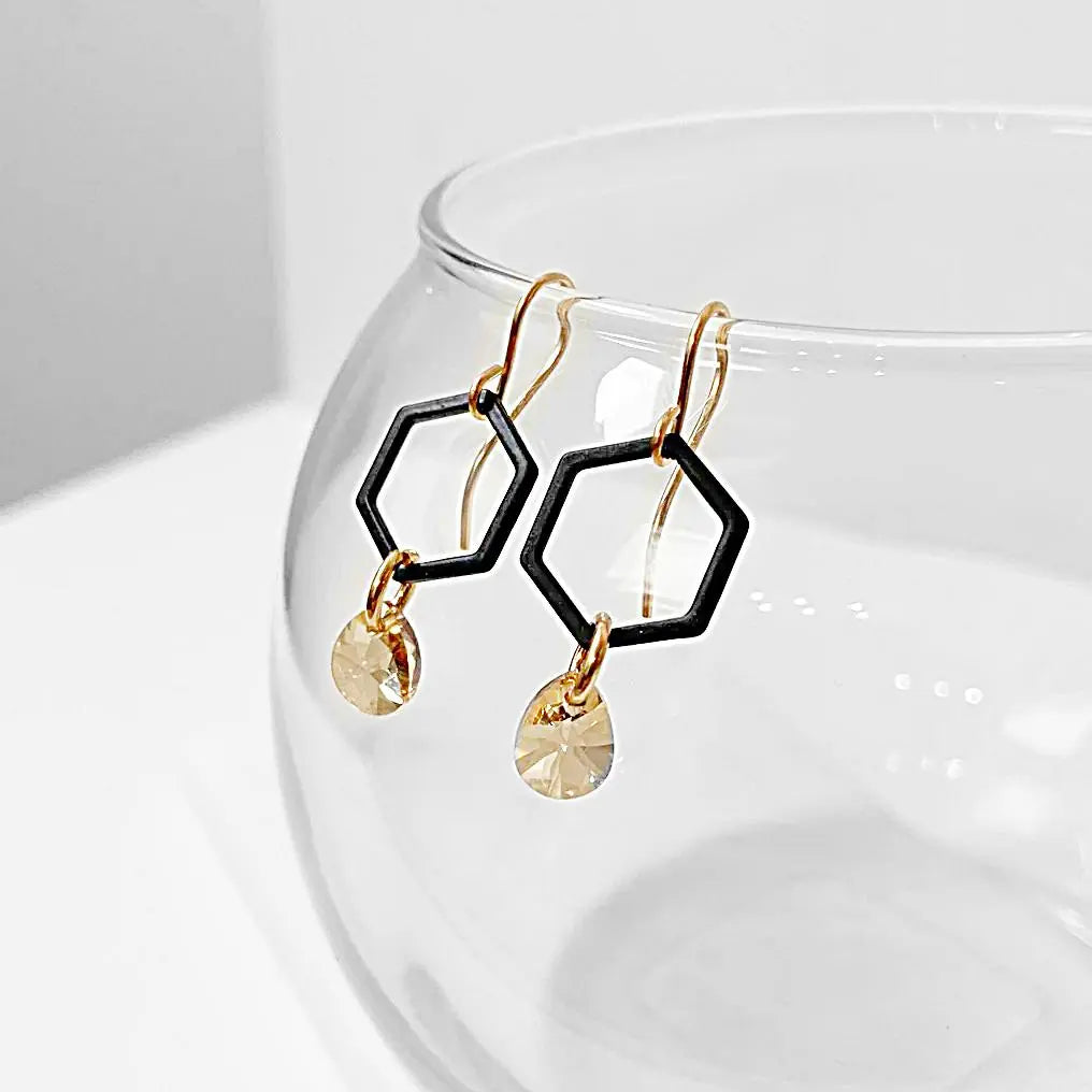 Black Coated Brass Hexagon with Crystals Earrings Regina McGearty